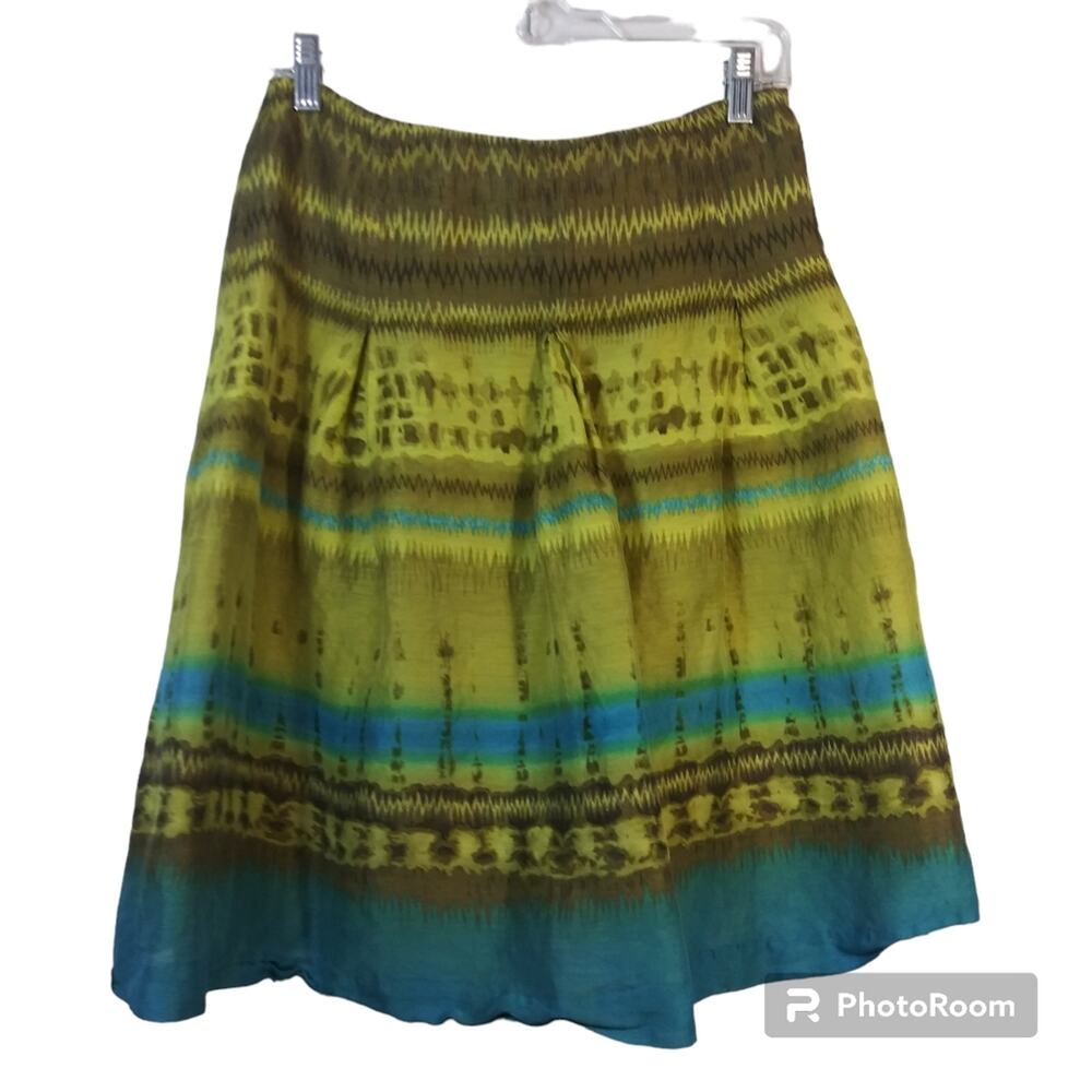 Talbots Vintage Silk /Linen Turquoise Gold Skirt Lined Pleated Side Zip Size 4